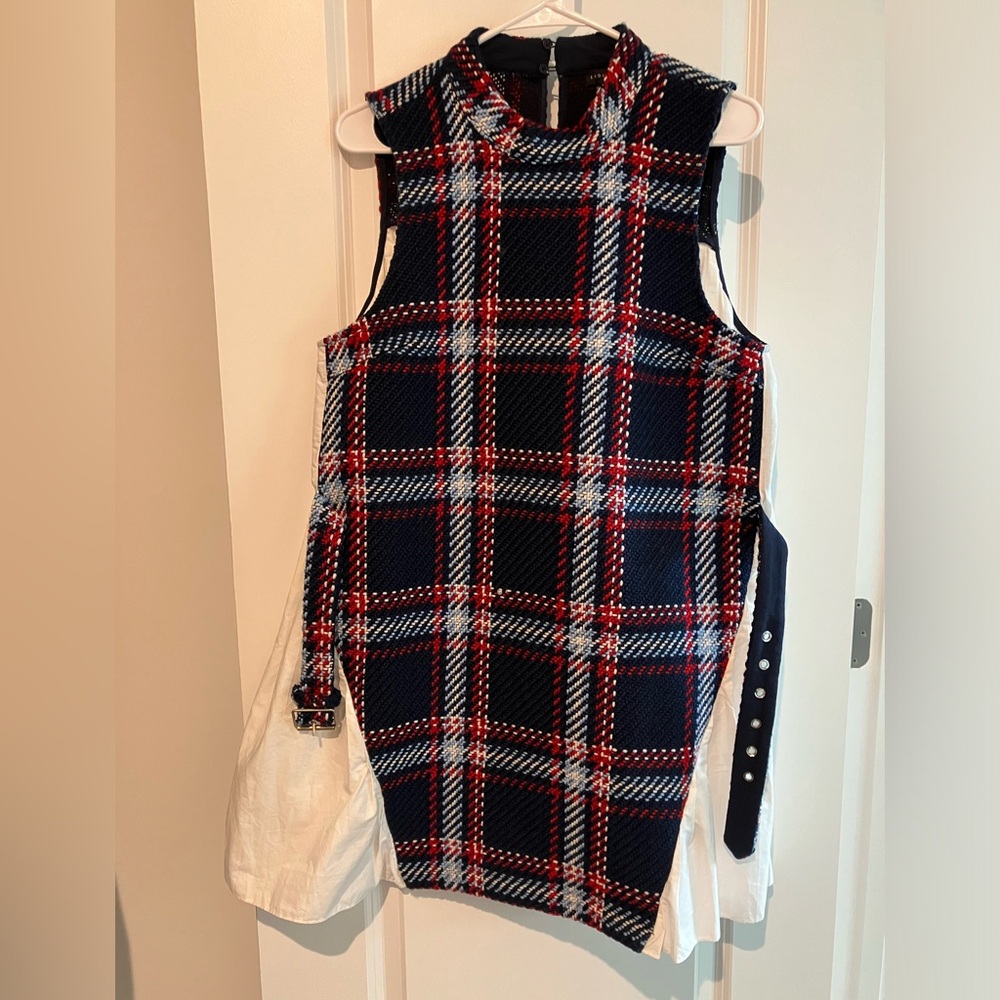 ENGLISH FACTORY Blue, Red, & White Plaid w/ White Pleated Back Dress Size M